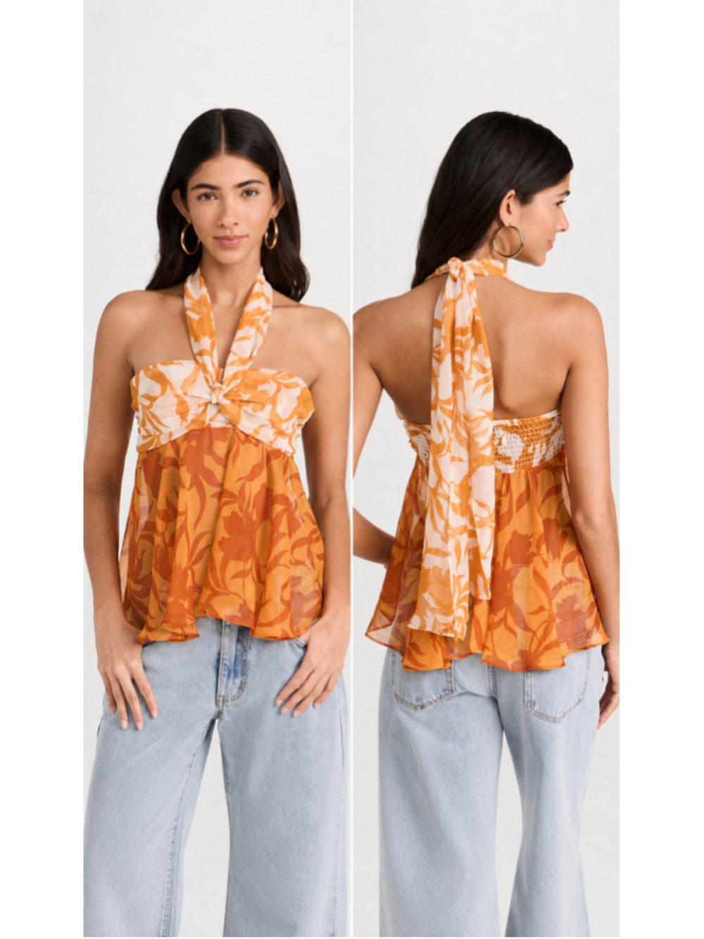MISA Los Angeles Orange Floral Halter Peplum Blouse Size L